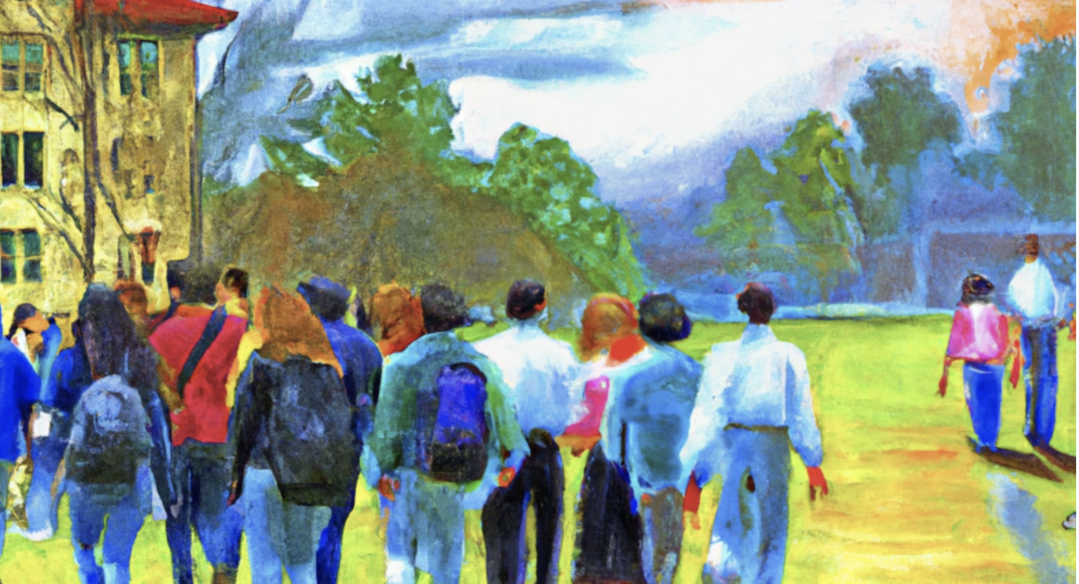 A painting of students outside a building, walking.